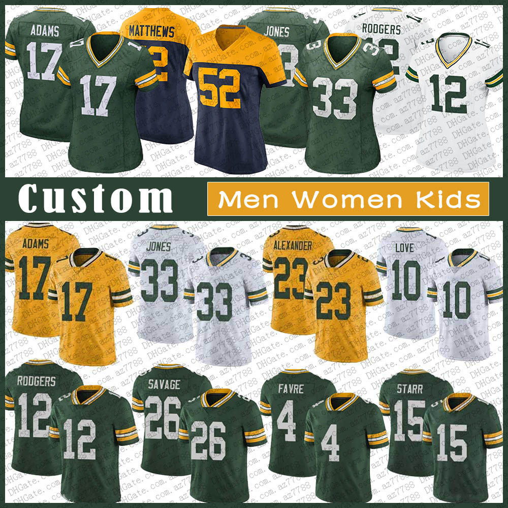 12 Aaron Rodgers Custom Men Women Kids Football Jersey 33 Aaron Jones 17 Davante Adams 23 Jaire Alexander 69 David Bakhtiari Za'Darius Smith Robert Tonyan Tavon Austin, Shown
12 Aaron Rodgers Custom Men Women Kids Football Jersey 33 Aaron Jones 17 Davante Adams 23 Jaire Alexander 69 David Bakhtiari Za'Darius Smith Robert Tonyan Tavon Austin, Shown
