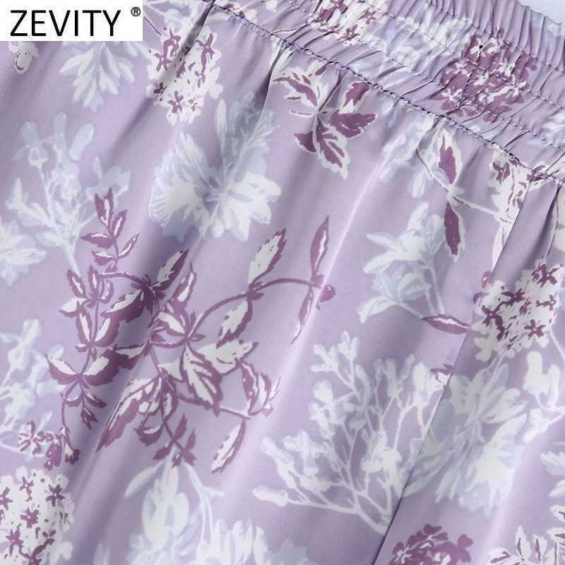 Zevity Women Tropical Floral Print Purple Harem Pants Female Chic Elastic Waist Casual Slim Ankle Length Pantalones Mujer P1026 210603