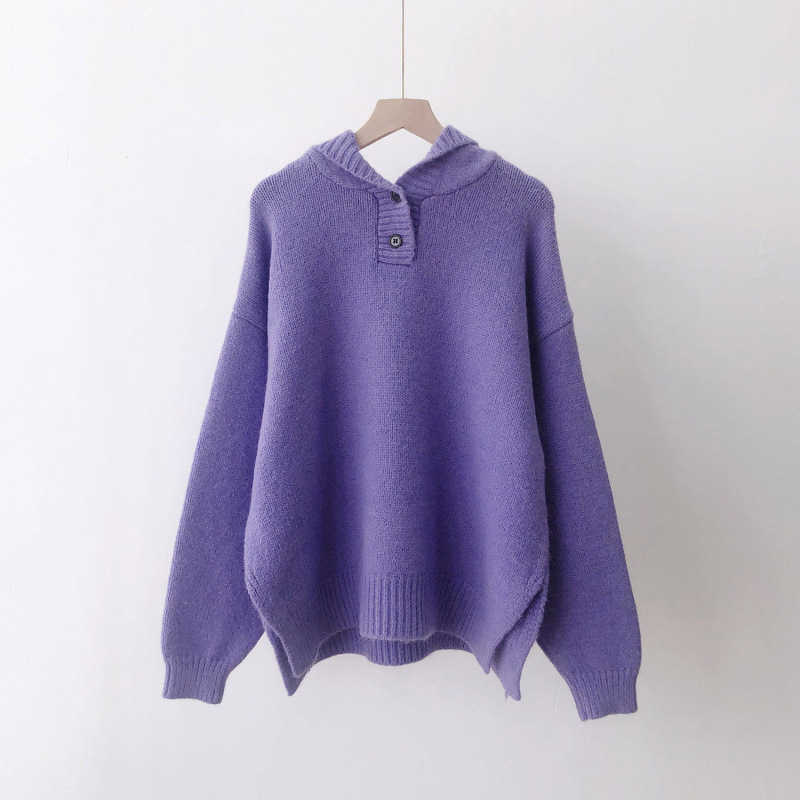 H.SA Women Oversized Hooded Sweater and Jumpers Long Sleeve Knitted Pullovers Button Up Purple Sweater Pull Femme jersey mujer 210716
