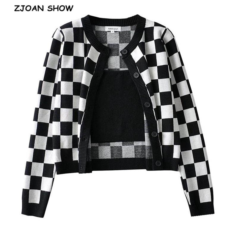 1 set Autumn Contrast Color Maze Check Plaid Cardigan Cropped Tank Top Single-breasted Button Knitted Crop Sweater Jumper 210429, Black
1 set Autumn Contrast Color Maze Check Plaid Cardigan Cropped Tank Top Single-breasted Button Knitted Crop Sweater Jumper 210429, Black