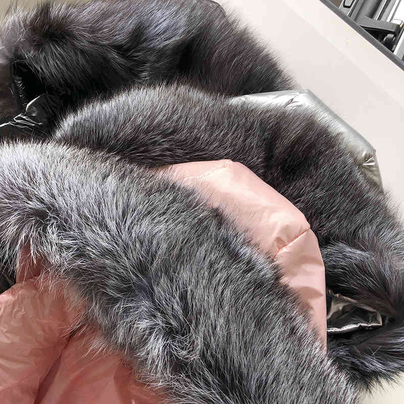 Winter Women 90% White Duck Down Jacket Detachable Large Real Fur Collar Overcoat Glossy Cool Loose Warm Thick Coat 210430