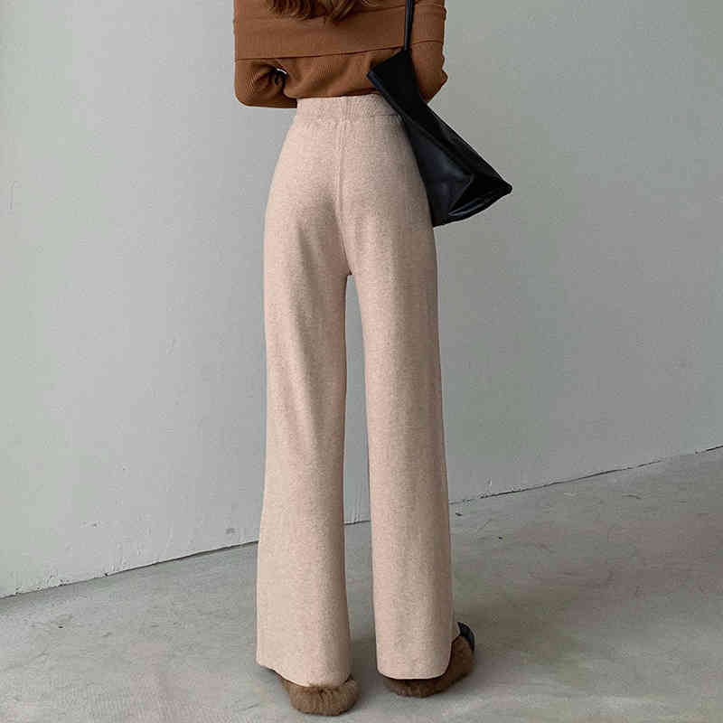 OL Elastic High Waist Wide Leg Knitted Pants Women Fashion Autumn Winter Bottoms Thick Warm Casual Loose Trousers 210421