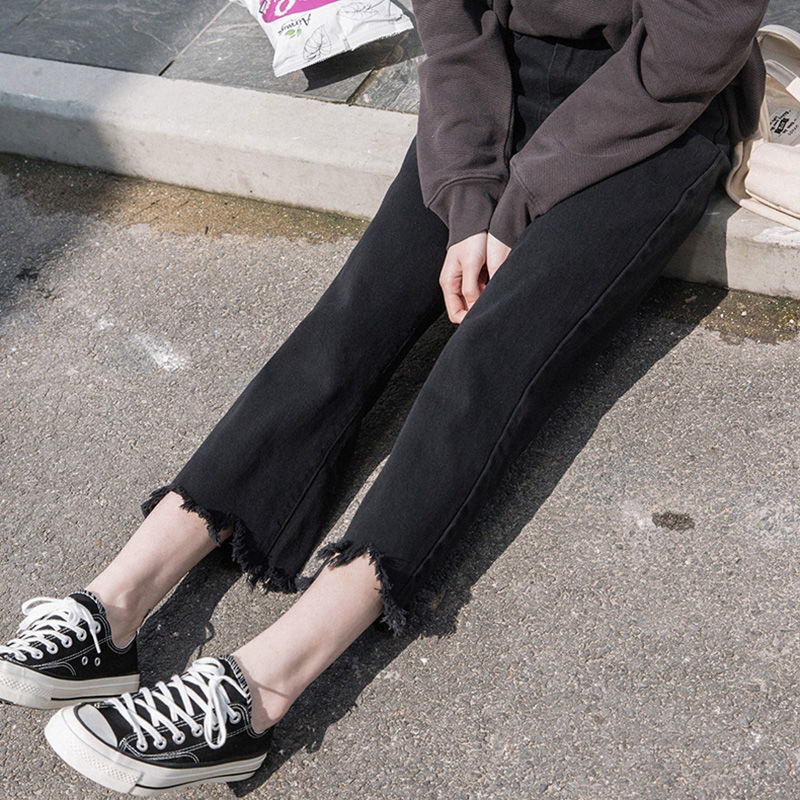 Spring Korea Fashion Women Jeans Irregularity Tassels High Waist Loose Straight Denim Pants Cotton black Wide Leg D170 210512
