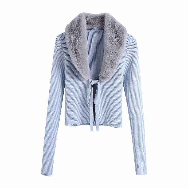 Fashion Fur Collar Women Coats Autumn Patchwork Ladies Knitwears Blue Casual Female Sweaters Bow Sashes Girls Chic 210430