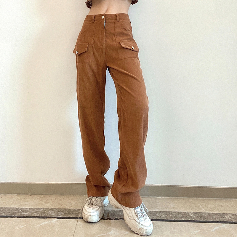 women Long Corduroy Pants middle waist straight long trousers pockets styled Casual female pants 210524