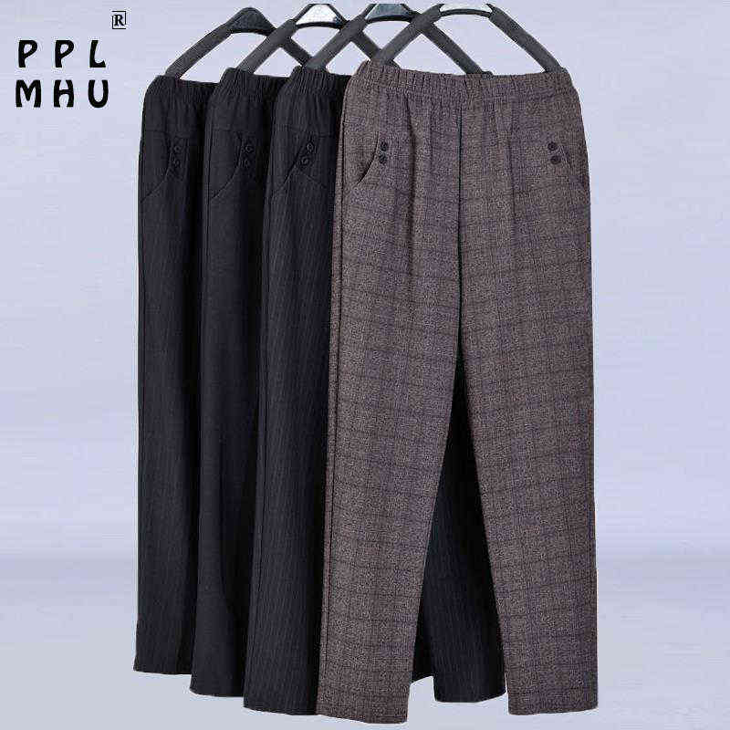Plus size mother's straight trousers summer Casual elastic high waist harem pant Classic stripes loose breathable 211124Z