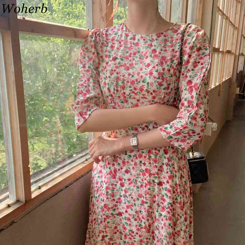 Elegant Sweet Floral Dress Women Summer Korean Chic Robe Temperament Hollow Out Vestidos Backless Vintage 210519