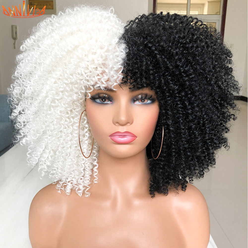 Short Hair Afro Kinky Curly Wig With Bangs For Black Women African Synthetic Ombre Glueless Cosplay Wigs 14 Anniviafactory direct