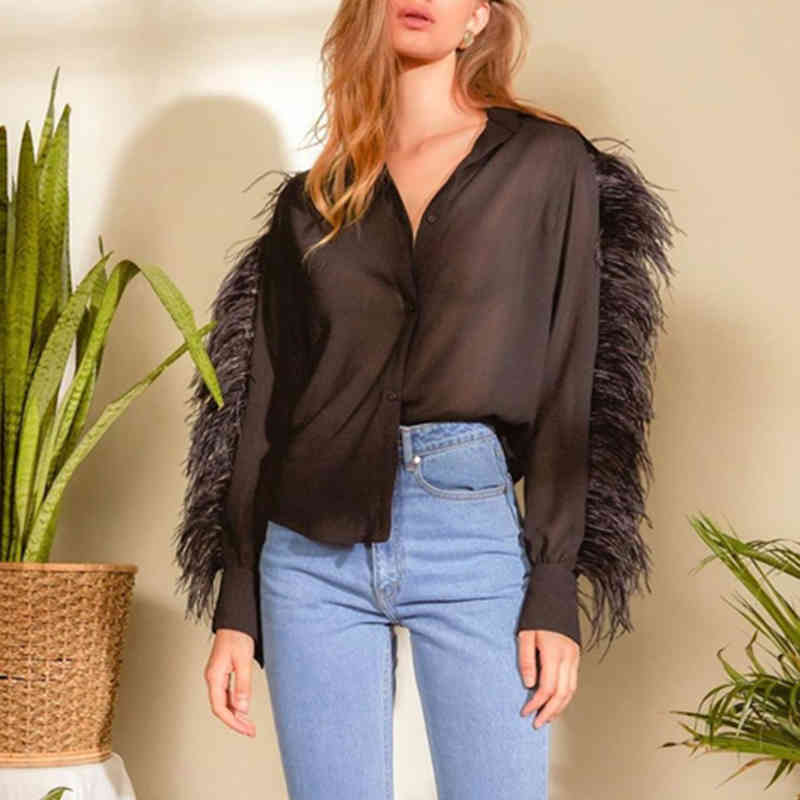 Black Patchwork Feather Shirt For Women Lapel Long Sleeve Minimalist Casual Blouse Female Fashion Clothing 210524