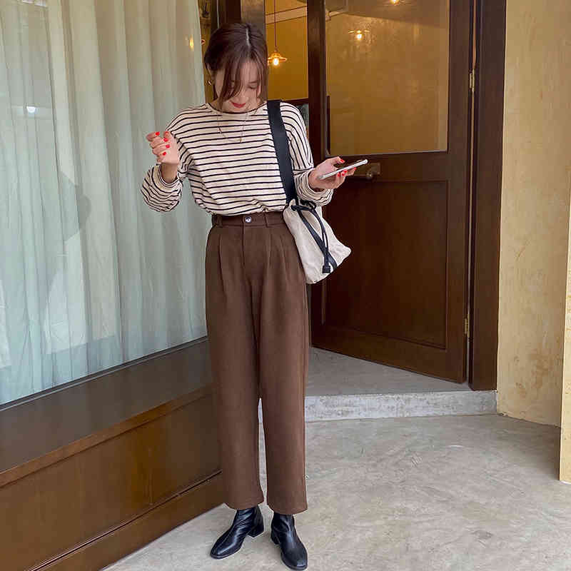 Korean High Waist Woolen OL Elegant Women Solid Plus Casual Loose-fitting Straight Pants Female Trousers 210421