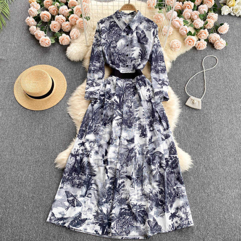 DEAT Women Printing Dress Lapel Long Sleeve Arrivals Lady Temperament Fashion Spring Autumn 11D2005 210709