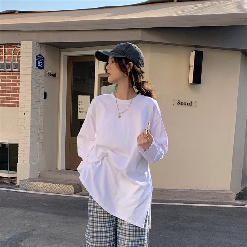 Basic Chic Office Lady Women Solid High Street Split T-Shirts All Match Female Gentle Full Sleeves Tops 210421