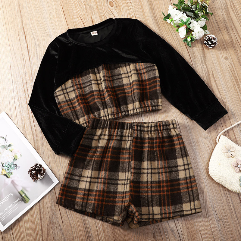 Baby Girls Clothes Sets Spring Autumn Fashion Girl Outfits Black Checked Printed Circle Neck Long Sleeve Skirt Suit For Children Kids Clothing
