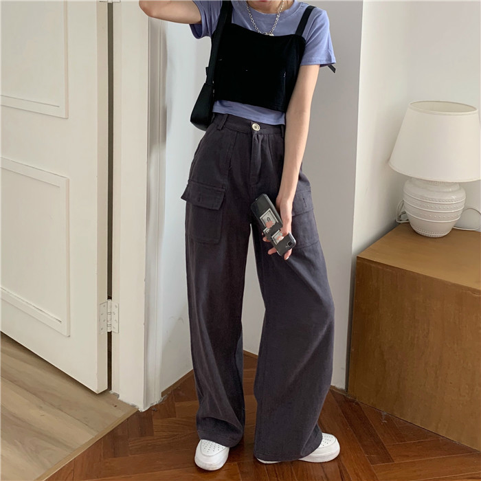 Nomikuma Causal Safari Style Women Pants Korean High Waist Long Trousers Autumn Pockets Wide Leg Pants Feminimos 6C620 210427