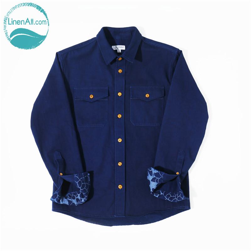 LinenAll Men's Blue Dye IndigoHood Plant Thick Bandana Fruit Buckle Shirt Coat Male" Casual Shirts