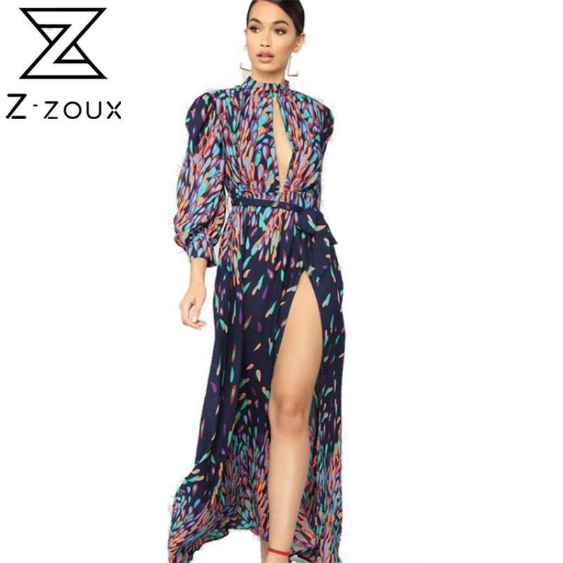 Women Dress Stand Collar Hollow Out Printed Sexy es Temperament Maxi Split Loose Long Summer es 210513
