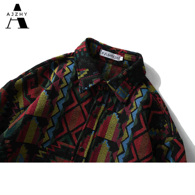 AJZHY Button Up Shirt Long Sleeve Thick Vintage Oversize Hip Hop Casual Fashion Knitted National Style Winter Warm Men Clothing 210410