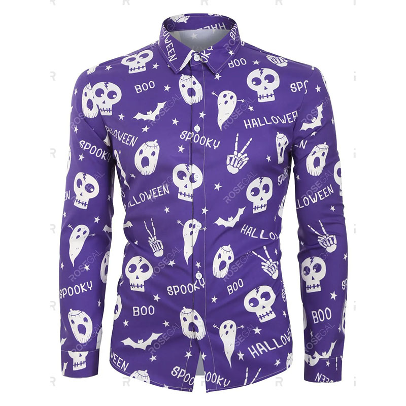 Halloween men's cartoon skull print long sleeve shirt, White;black
Halloween men's cartoon skull print long sleeve shirt, White;black