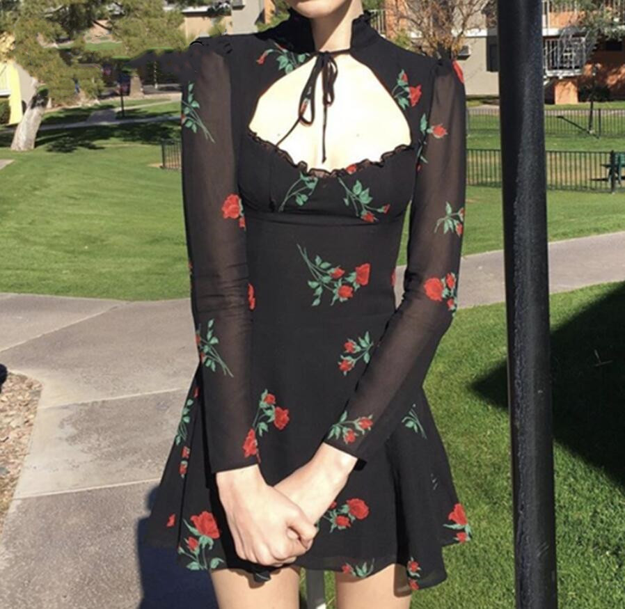 Vintage France Style Rose Print Hollow Out Women Dress Black Long sleeve Lacing up Collar Slim Girl's Mini Dresses 210429