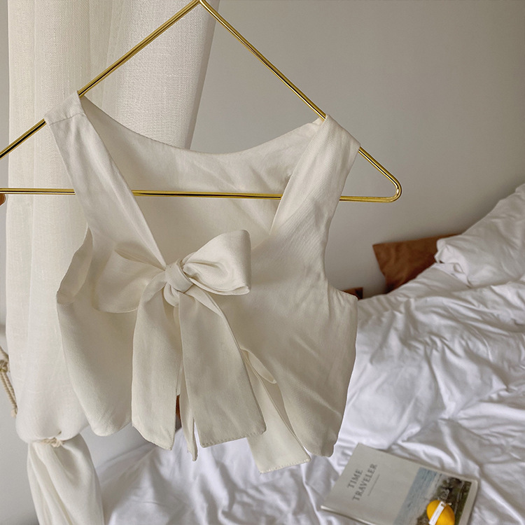 Summer girls fashion clothes sets back bowknot vest and thin wide leg denim pants 2 pcs 210508