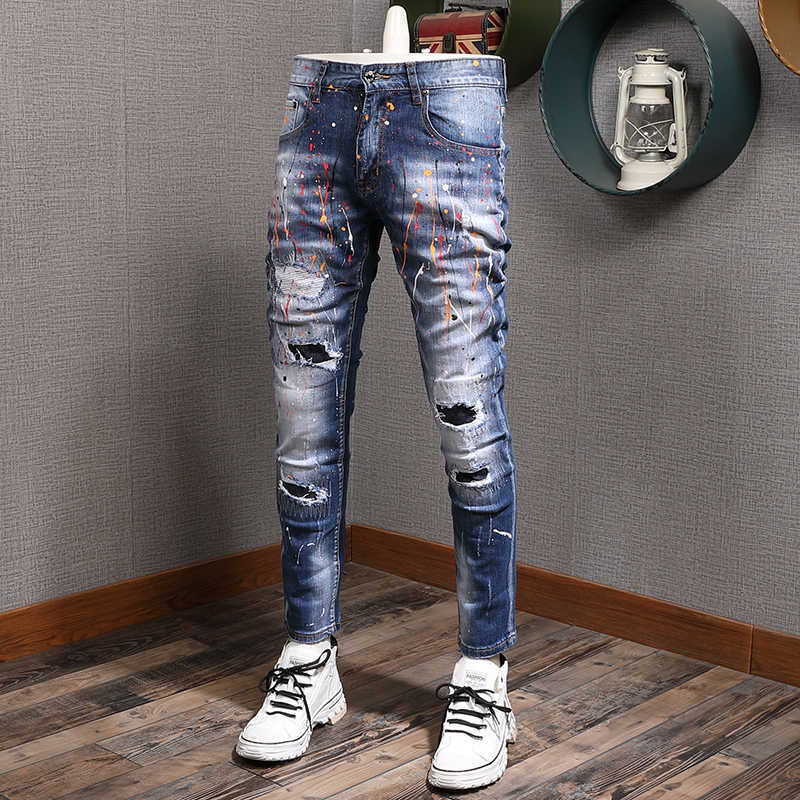 American Streetwear Fashion Men Jeans High Quality Elastic Cotton Ripped Slim Fit Paint Designer Hip Hop Denim Pants IUE9, Retro blue
American Streetwear Fashion Men Jeans High Quality Elastic Cotton Ripped Slim Fit Paint Designer Hip Hop Denim Pants IUE9, Retro blue