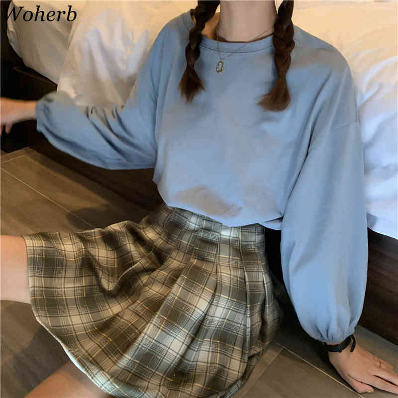 Long Lantern Sleeve T -shirt Women Crew Neck Causal Solid Shirts Spring Summer All Match Basic ops ee Femme 210519