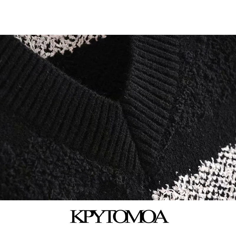 Women Fashion Patchwork Striped Loose Knitted Vest Sweater V Neck Sleeveless Female Waistcoat Chic Tops 210420