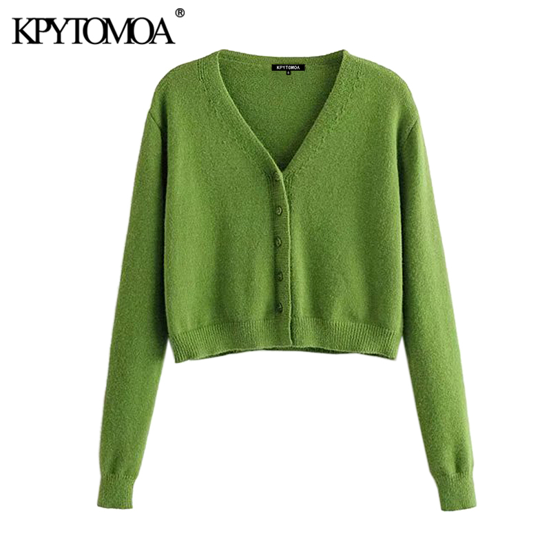 Women Fashion Single Breasted Cropped Knitted Cardigan Sweater Long Sleeve Female Outerwear Chic Tops 210420