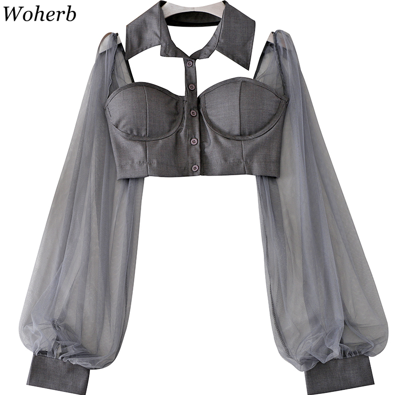 Sexy Lady Chic Women Blouses Halter Backless Shirts Blusas Mujer De Moda Gauze Patchwork Lantern Sleeve Blouse Crop Tops 210519