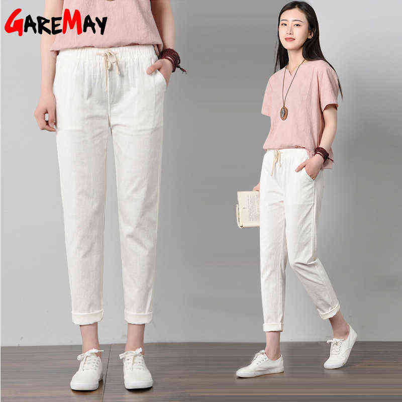 Women Casual Long Ankle Length Trousers Summer Autumn Plus Size Elastic Waist Soft High Quality Cotton Linen Pants S-XXXL 211115