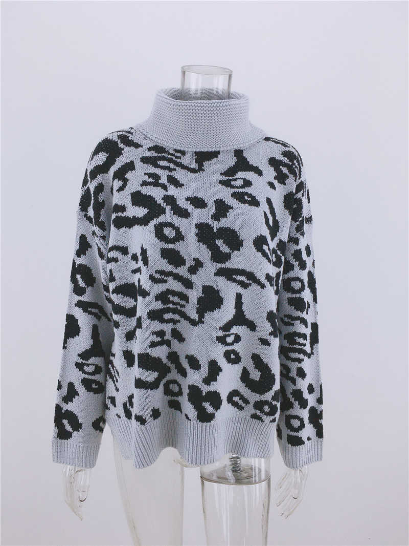 Qooth Animal Print Jumper Women Leopard Crochet Top Knitwear Turtleneck Long Sleeve Pullover Sweaters QT334 210609
