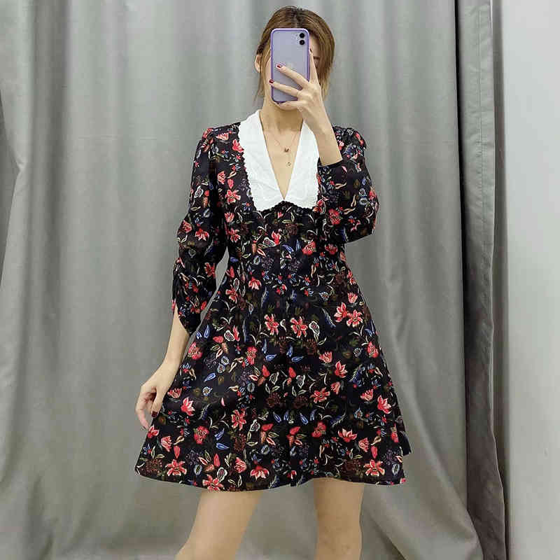 Spring Vintage Mini Dress Women Floral Print Lace Embroidery Collar Elegant es Female Half Sleeve Casual 210515