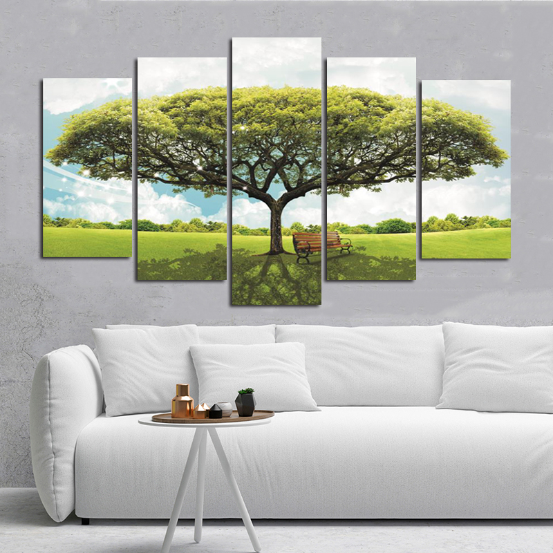 5 Panels Green Yellow Red Tree Posters Forest Prints Canvas Painting Wall Art For Living Room Landscape Pictures Home Decor