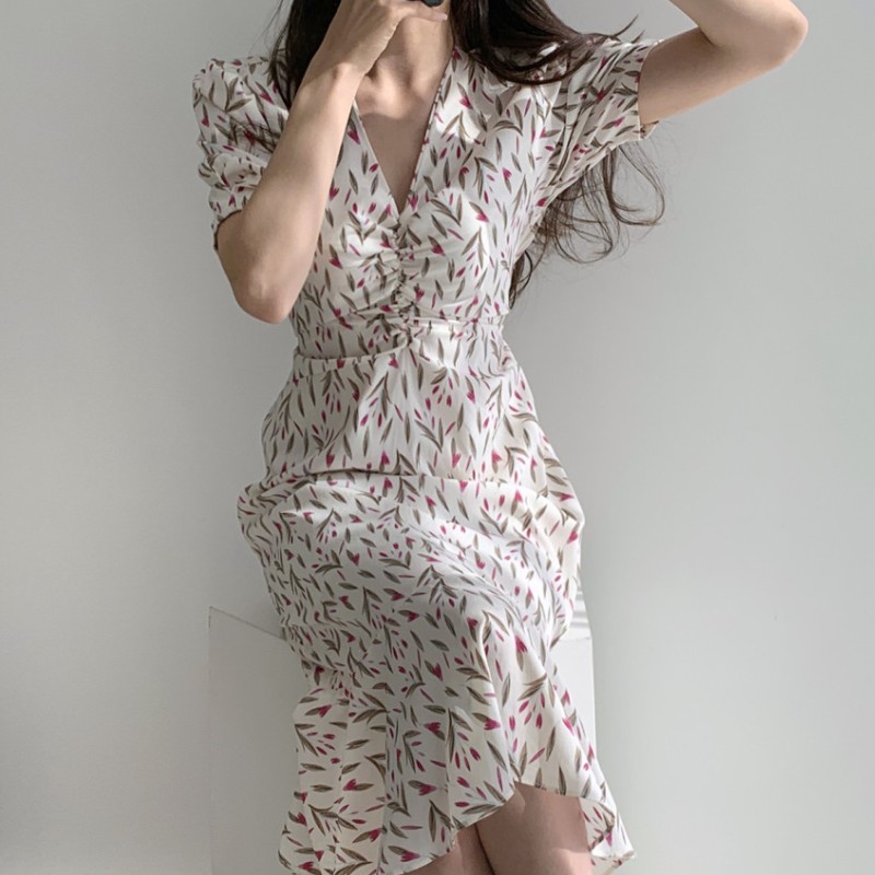 Fashion Summer Dress Korea Women Flowers V-Neck Puff Sleeve High Waist Slim Chiffon Mermaid Vestidos Robe 210519