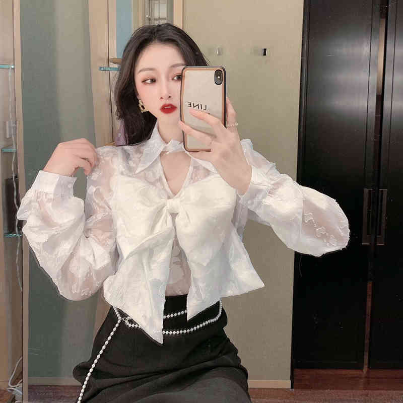 Sweet Big Bowknot Shirt For Women Turn Down Collar Blouse Female Summer Sexy Hollow out Tops Clothes 210519