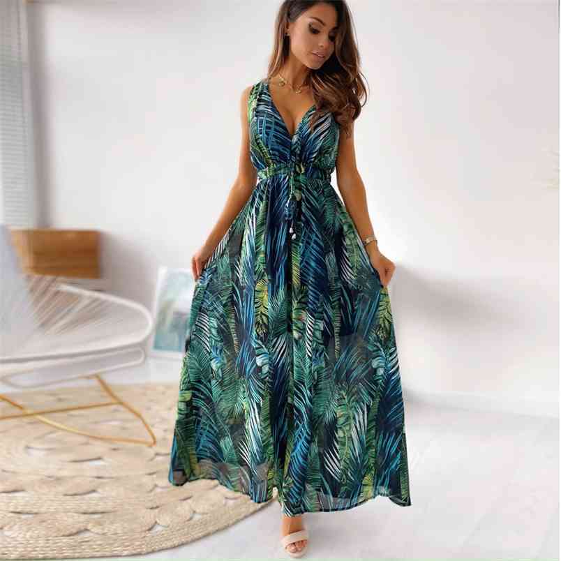 Floral Print Boho Maxi Dress Women's Sexy V Neck Sleeveless High Waist Lace Up Summer Backless Chiffon Holiday Beach Robe 210522