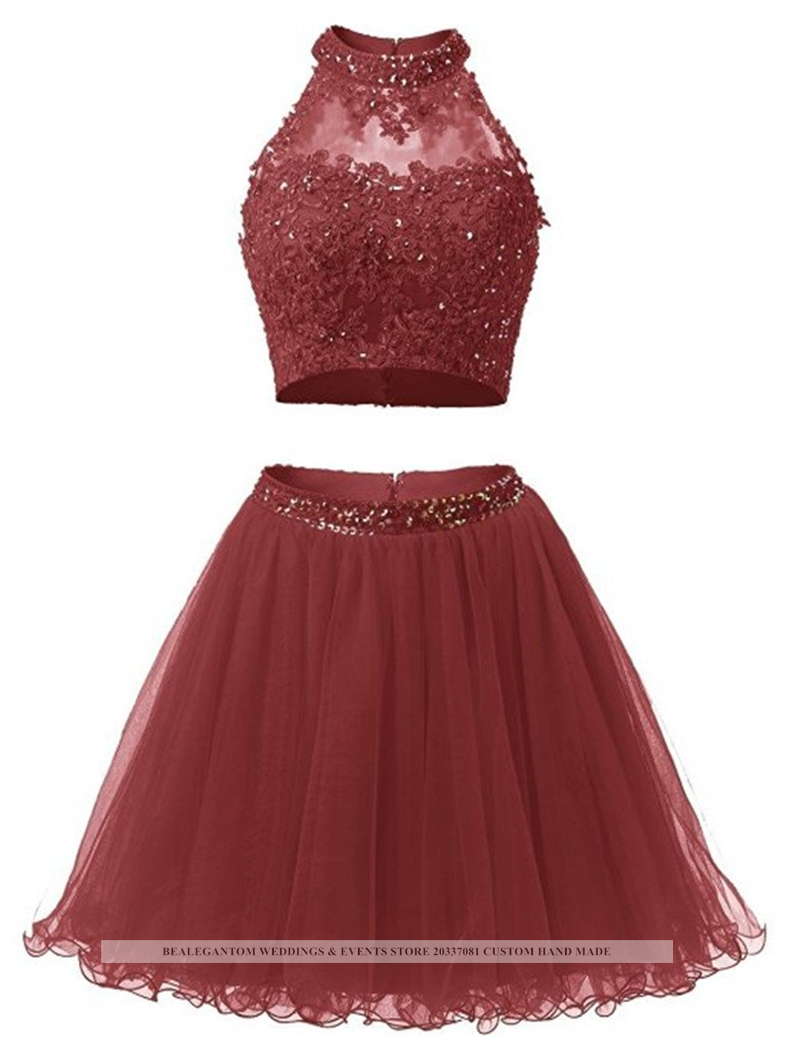 Sweet Sexy Backless Sequins Ball Gown Mini Homecoming Dress With Two Pieces Appliques Tulle Plus Size Graduation Cocktail Prom Party Gown BH11