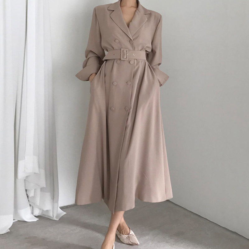 Minimalist Long Trench Coat Women Elegant OL Outwear Vintage Overcoat Suit Collar Double Breasted Windbreaker 210421