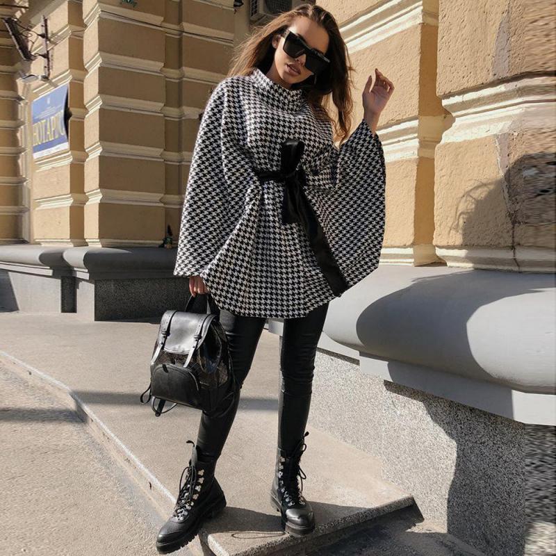 Women Coat Plaid Cape Lace Up Stand Collar Batwing Sleeve Cloak Jacket Fashion Ladies Capes Autumn Winter Tops 210524