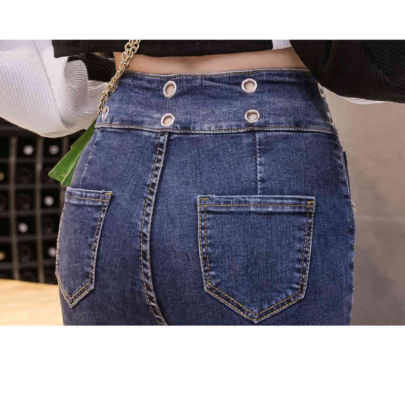 Pencil Pants Jeans Women Autumn Spring Korean Fashion Stretch High Waist Soft Skinny Embroidered Flares Ladies Trousers 8247 50 210417