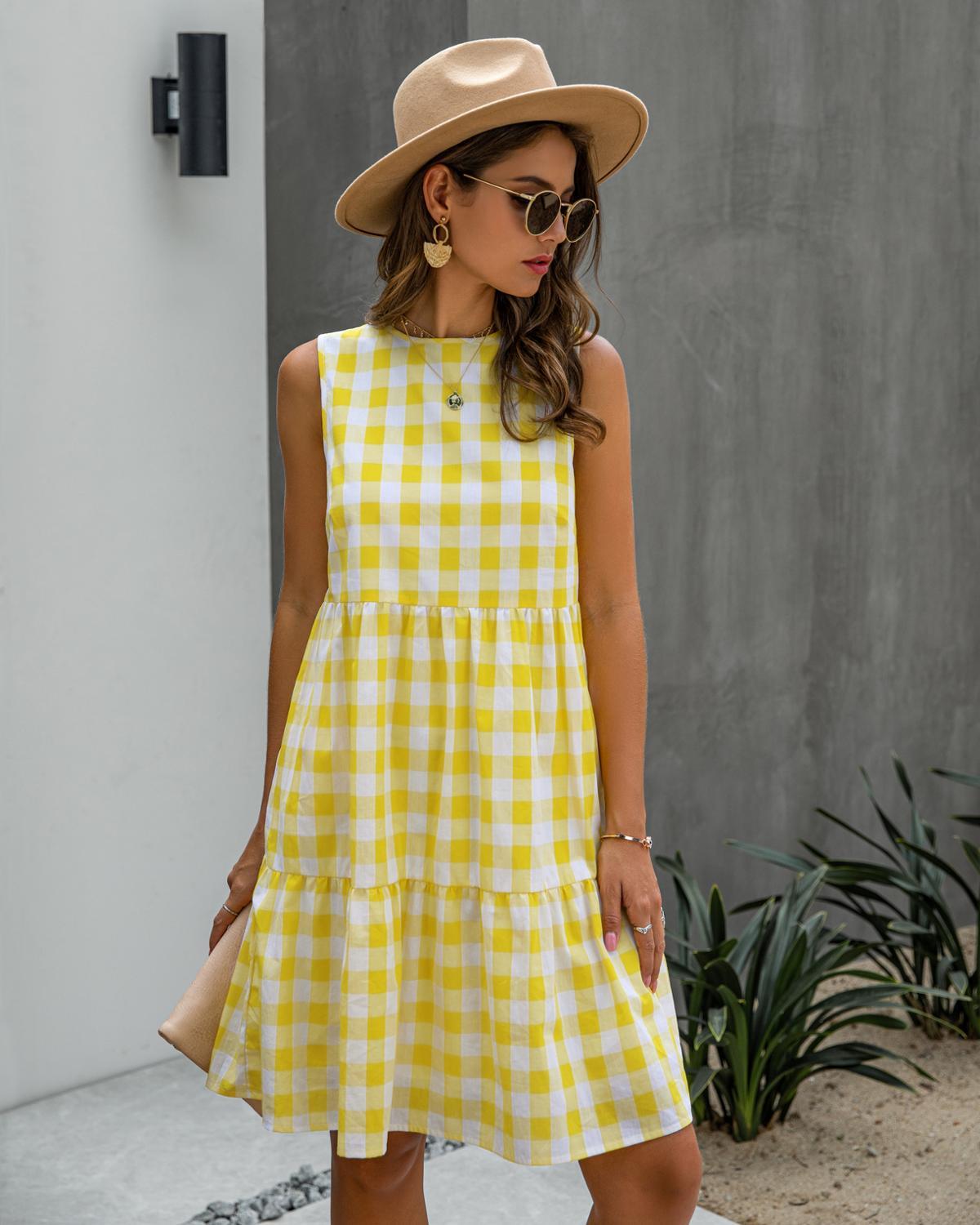 Plaid Dress Women Black A-line Sundresses Pockets Summer Causal Blue Loose Fit Clothes Beach Dress For Women 210521