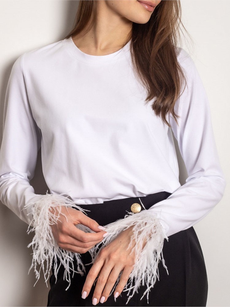 Early Spring Women Elegant Splicing Feather Long Sleeve Blouse T-Shirt Female Fashion Chic Simple Casual Pullovers Top 220307