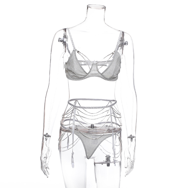 Spaghetti Strap Lingerie Bra And Panty Matching 3 Piece Set Fashion Sexy Underwire Push Up Bra Glitter Hot Rhinestones Chain X0526