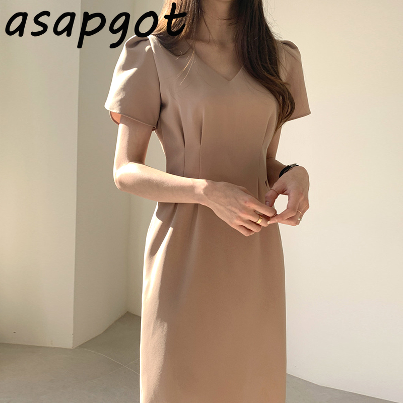 Dresses Elegant Temperament Koeran Chic Office Lady Summer Plus Size Puff Short Sleeve Khaki Dress Slim V Neck Waist Black 210429