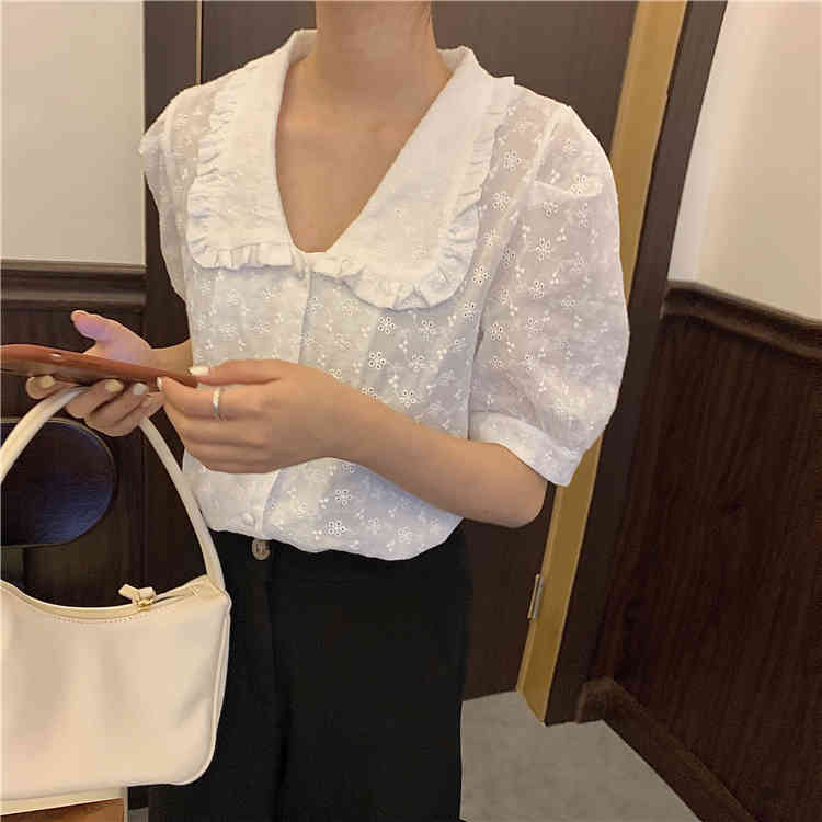 Embroidery Oversize Women Blouses Summer Tops Femme Casual Womens Shirt Short Sleeve Cotton Girls Blouse Plus Size Blusas 210417Z