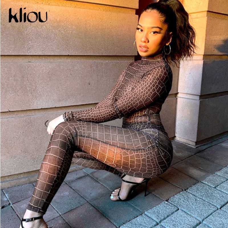 Kliou Plaid Mesh See Through Skinny Two Piece Outfits Women Sexy Hot Long Sleeve Bodysuit And Pants Party Clubwear Matching Sets Y0625