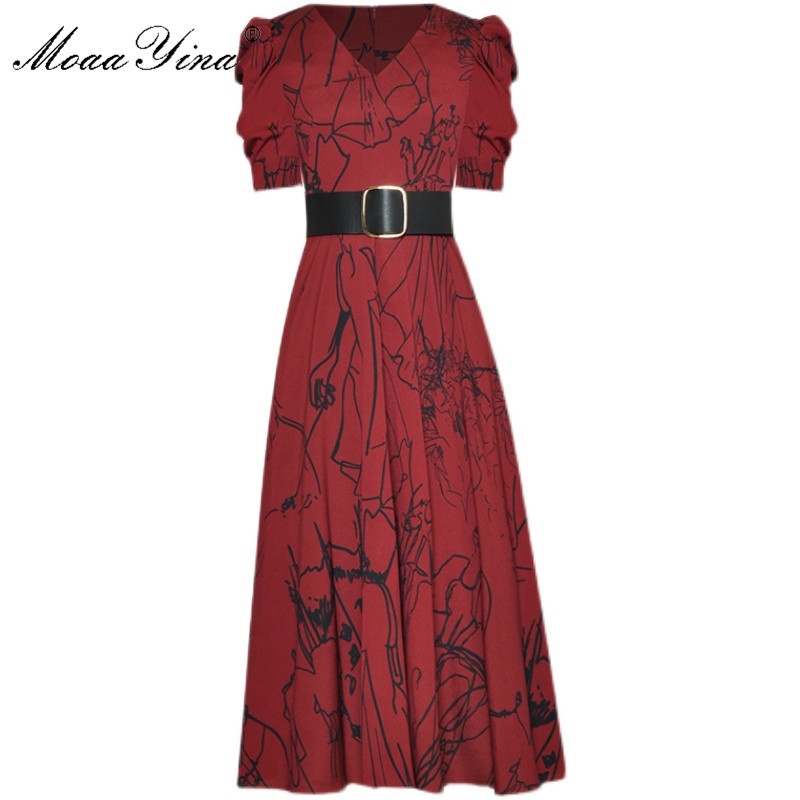 Fashion Designer dress Summer Women's Dress V-neck Puff Sleeve Print Belt Slim Dresses 210524, Red
Fashion Designer dress Summer Women's Dress V-neck Puff Sleeve Print Belt Slim Dresses 210524, Red