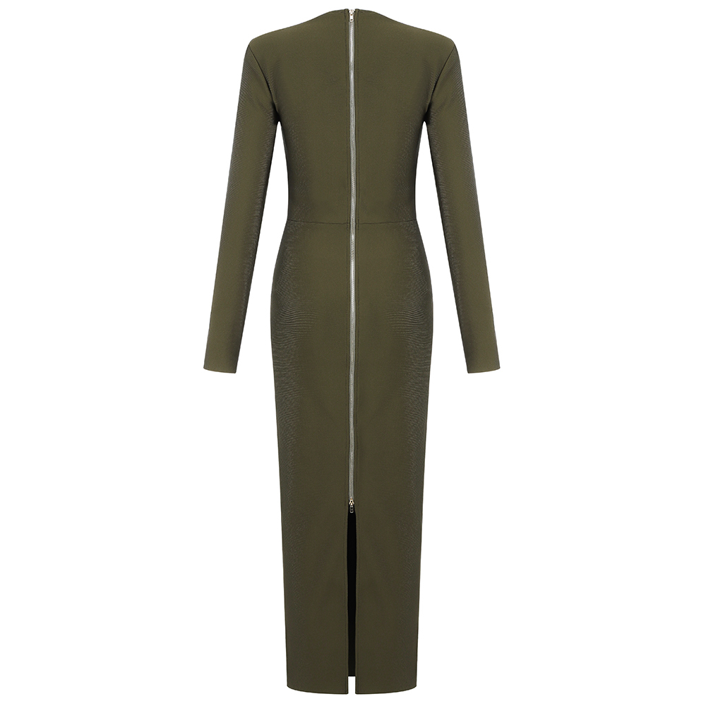 High Quality Women's Army Green Sexy Tight V-neck Long Sleeve Shoulder Rayon Bandage Celebrity Party Dress 210525