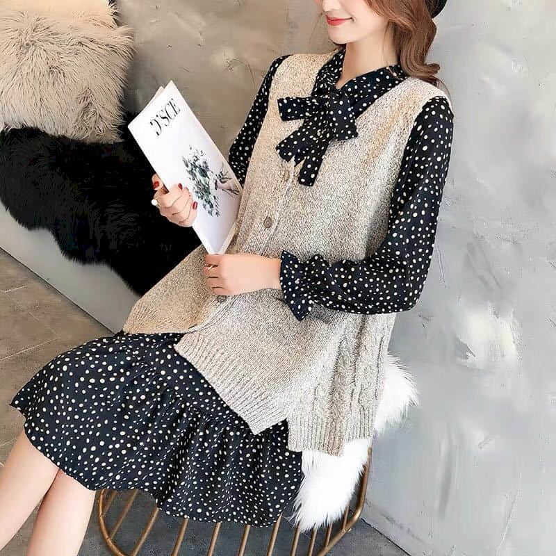 Dress vest suit Women spring and autumn wave dot chiffon dress + loose knitted sweater two-piece elegant sets 210526, Black vest dress
Dress vest suit Women spring and autumn wave dot chiffon dress + loose knitted sweater two-piece elegant sets 210526, Black vest dress