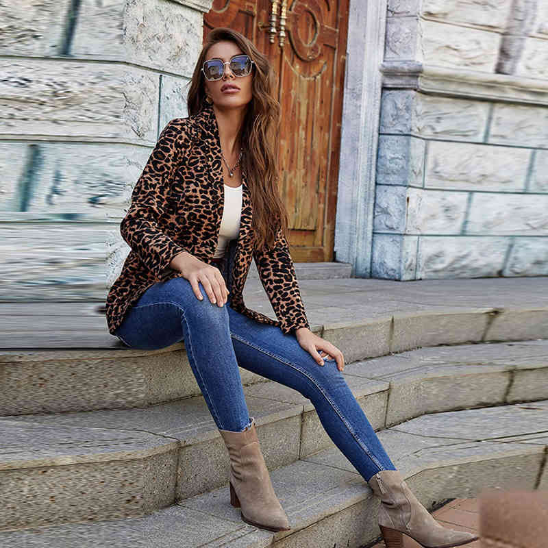Elegant Leopard Print Blazers Jacket Women Autumn Winter Turn-down Collar Casual Slim Long Sleeve Button Cardigan Suit Coats 210522
